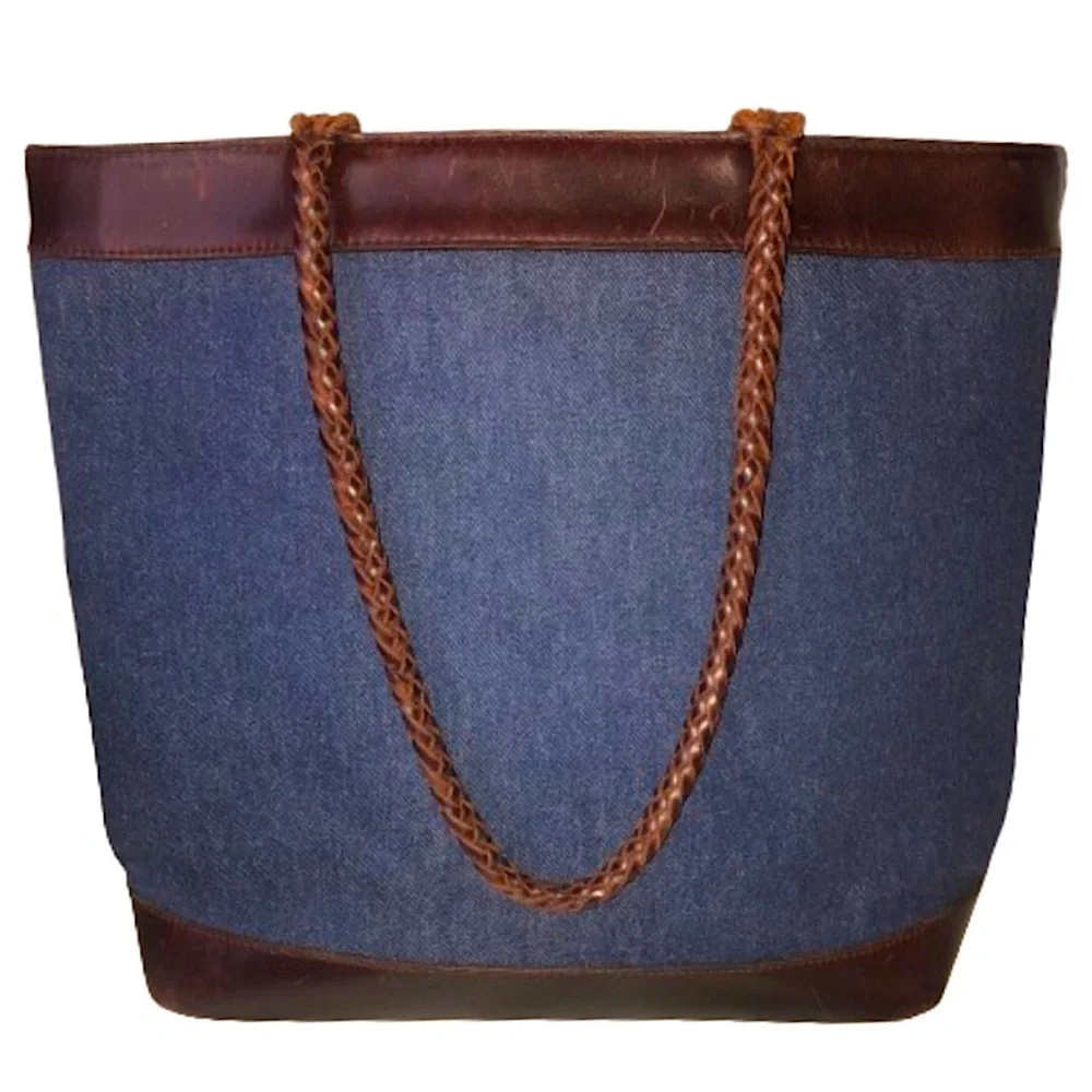 Vintage RALPH LAUREN Oversized Denim Tote Bag w Leather Braided Shoulder Straps